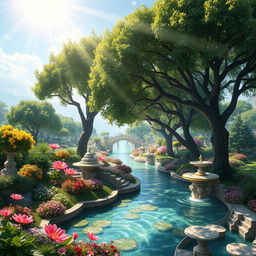 A breathtaking paradise, 'Jannat al-Na'im' (Garden of Bliss), depicted with lush greenery, vibrant flowers, and crystal-clear rivers flowing through a serene landscape
