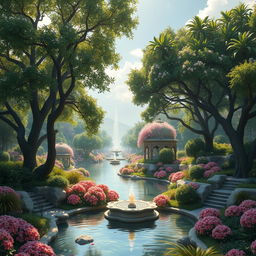A breathtaking paradise, 'Jannat al-Na'im' (Garden of Bliss), depicted with lush greenery, vibrant flowers, and crystal-clear rivers flowing through a serene landscape