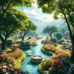 A breathtaking paradise, 'Jannat al-Na'im' (Garden of Bliss), depicted with lush greenery, vibrant flowers, and crystal-clear rivers flowing through a serene landscape