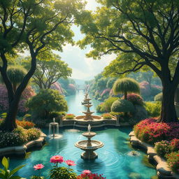 A breathtaking paradise, 'Jannat al-Na'im' (Garden of Bliss), depicted with lush greenery, vibrant flowers, and crystal-clear rivers flowing through a serene landscape