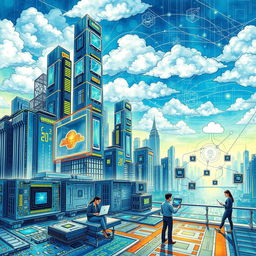 A detailed and artistic drawing focusing on information technology themes