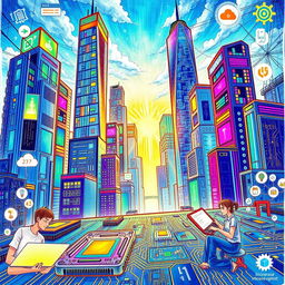 A detailed and artistic drawing focusing on information technology themes