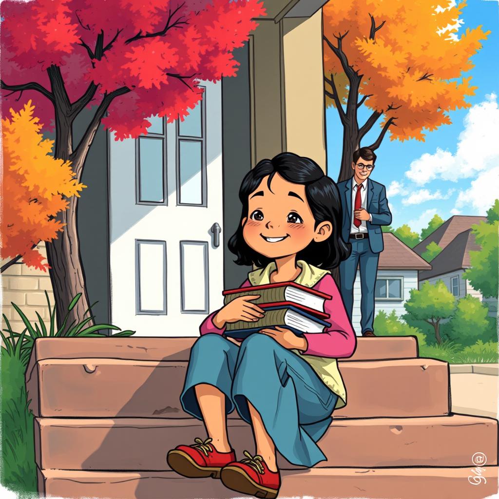 A poignant illustration of a young girl sitting on the steps of a school, her clothes slightly worn but her smile radiant and hopeful
