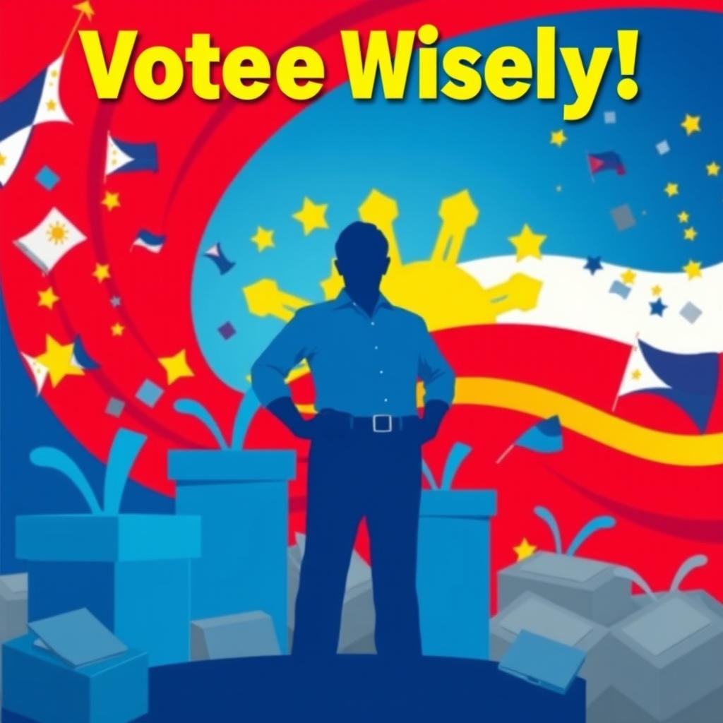 A vibrant digital poster promoting the upcoming elections in the Philippines, featuring a powerful silhouette of a man standing confidently in the center, symbolizing a strong candidate for government