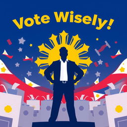 A vibrant digital poster promoting the upcoming elections in the Philippines, featuring a powerful silhouette of a man standing confidently in the center, symbolizing a strong candidate for government