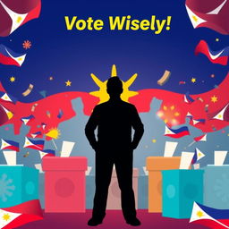 A vibrant digital poster promoting the upcoming elections in the Philippines, featuring a powerful silhouette of a man standing confidently in the center, symbolizing a strong candidate for government