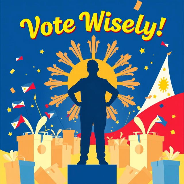 A vibrant digital poster promoting the upcoming elections in the Philippines, featuring a powerful silhouette of a man standing confidently in the center, symbolizing a strong candidate for government