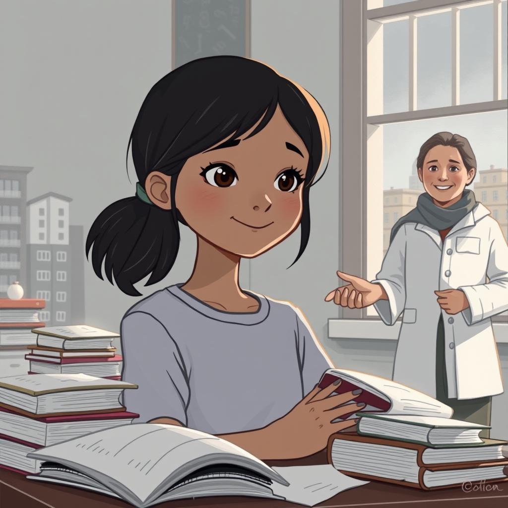 A poignant illustration depicting a young girl in a classroom setting, surrounded by books and papers that symbolize her academic struggles