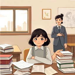 A poignant illustration depicting a young girl in a classroom setting, surrounded by books and papers that symbolize her academic struggles