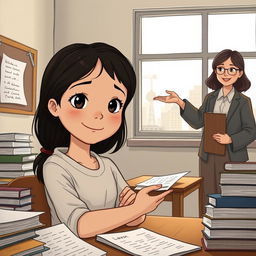A poignant illustration depicting a young girl in a classroom setting, surrounded by books and papers that symbolize her academic struggles