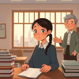 A poignant illustration depicting a young girl in a classroom setting, surrounded by books and papers that symbolize her academic struggles