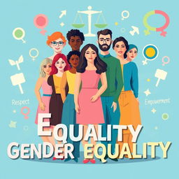 A vibrant poster highlighting the theme of gender equality, featuring diverse individuals of different genders and ethnicities standing together in unity