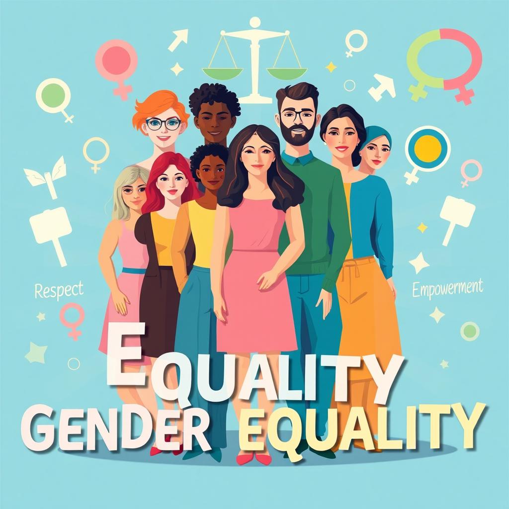 A vibrant poster highlighting the theme of gender equality, featuring diverse individuals of different genders and ethnicities standing together in unity