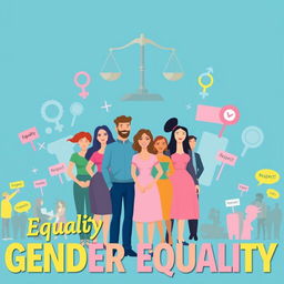 A vibrant poster highlighting the theme of gender equality, featuring diverse individuals of different genders and ethnicities standing together in unity