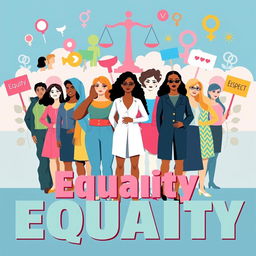 A vibrant poster highlighting the theme of gender equality, featuring diverse individuals of different genders and ethnicities standing together in unity
