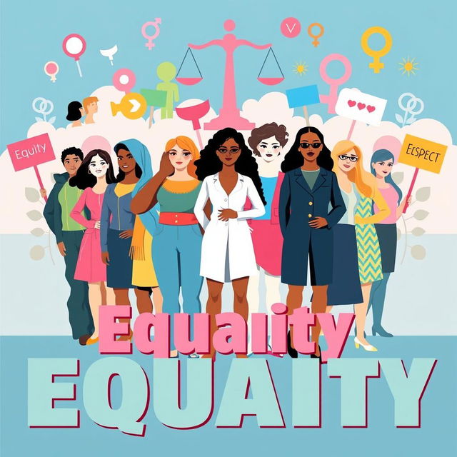 A vibrant poster highlighting the theme of gender equality, featuring diverse individuals of different genders and ethnicities standing together in unity