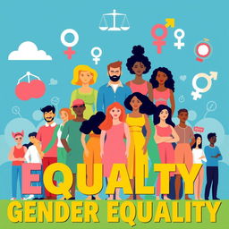 A vibrant poster highlighting the theme of gender equality, featuring diverse individuals of different genders and ethnicities standing together in unity