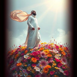 A man dressed in elegant white Islamic attire, complete with a flowing scarf billowing in the wind, standing majestically atop a mountain made of vibrant, colorful flowers