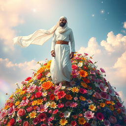 A man dressed in elegant white Islamic attire, complete with a flowing scarf billowing in the wind, standing majestically atop a mountain made of vibrant, colorful flowers
