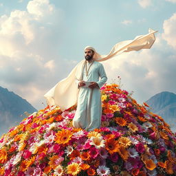 A man dressed in elegant white Islamic attire, complete with a flowing scarf billowing in the wind, standing majestically atop a mountain made of vibrant, colorful flowers