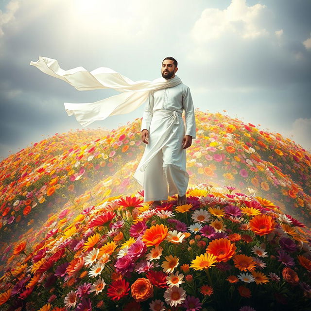 A man dressed in elegant white Islamic attire, complete with a flowing scarf billowing in the wind, standing majestically atop a mountain made of vibrant, colorful flowers