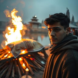 A somber scene at Pashupati Aryaghat along the banks of Bagmati River during a cold evening