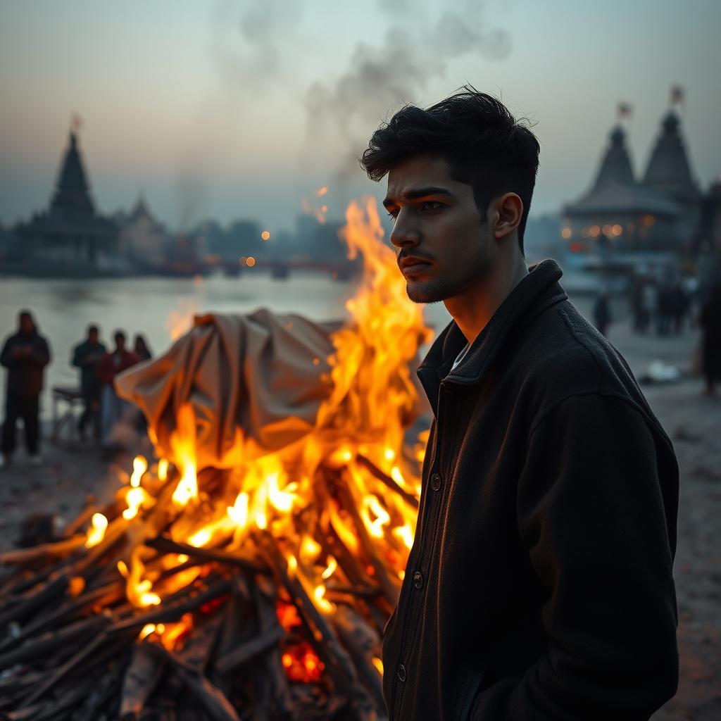 A somber scene at Pashupati Aryaghat along the banks of Bagmati River during a cold evening