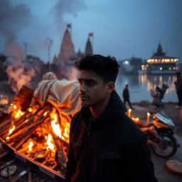A somber scene at Pashupati Aryaghat along the banks of Bagmati River during a cold evening