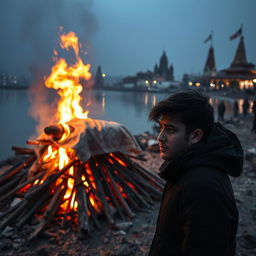 A somber scene at Pashupati Aryaghat along the banks of Bagmati River during a cold evening