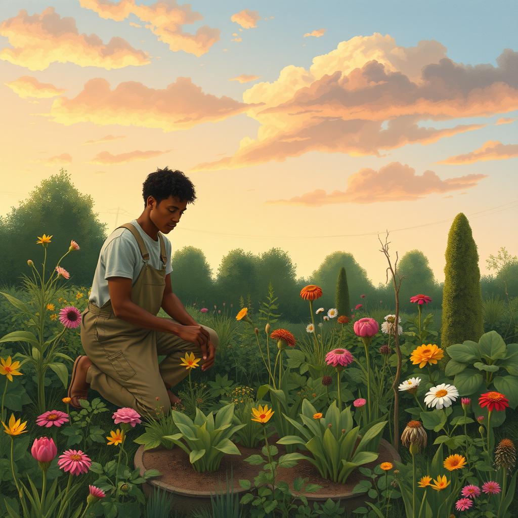 A serene and symbolic garden scene depicting a person kneeling amongst a variety of plants, flowers, and trees