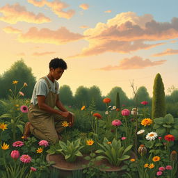 A serene and symbolic garden scene depicting a person kneeling amongst a variety of plants, flowers, and trees