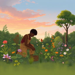 A serene and symbolic garden scene depicting a person kneeling amongst a variety of plants, flowers, and trees