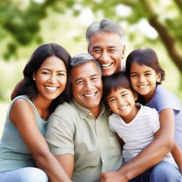 A heartwarming image of a man smiling brightly, surrounded by his happy family, creating a picture of joy and warmth against a serene background.