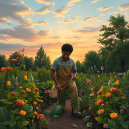 A serene and symbolic garden scene depicting a person kneeling amongst a variety of plants, flowers, and trees