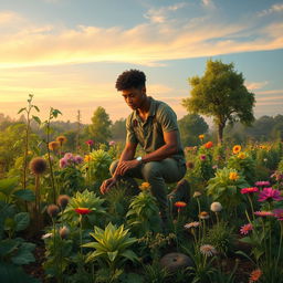 A serene and symbolic garden scene depicting a person kneeling amongst a variety of plants, flowers, and trees