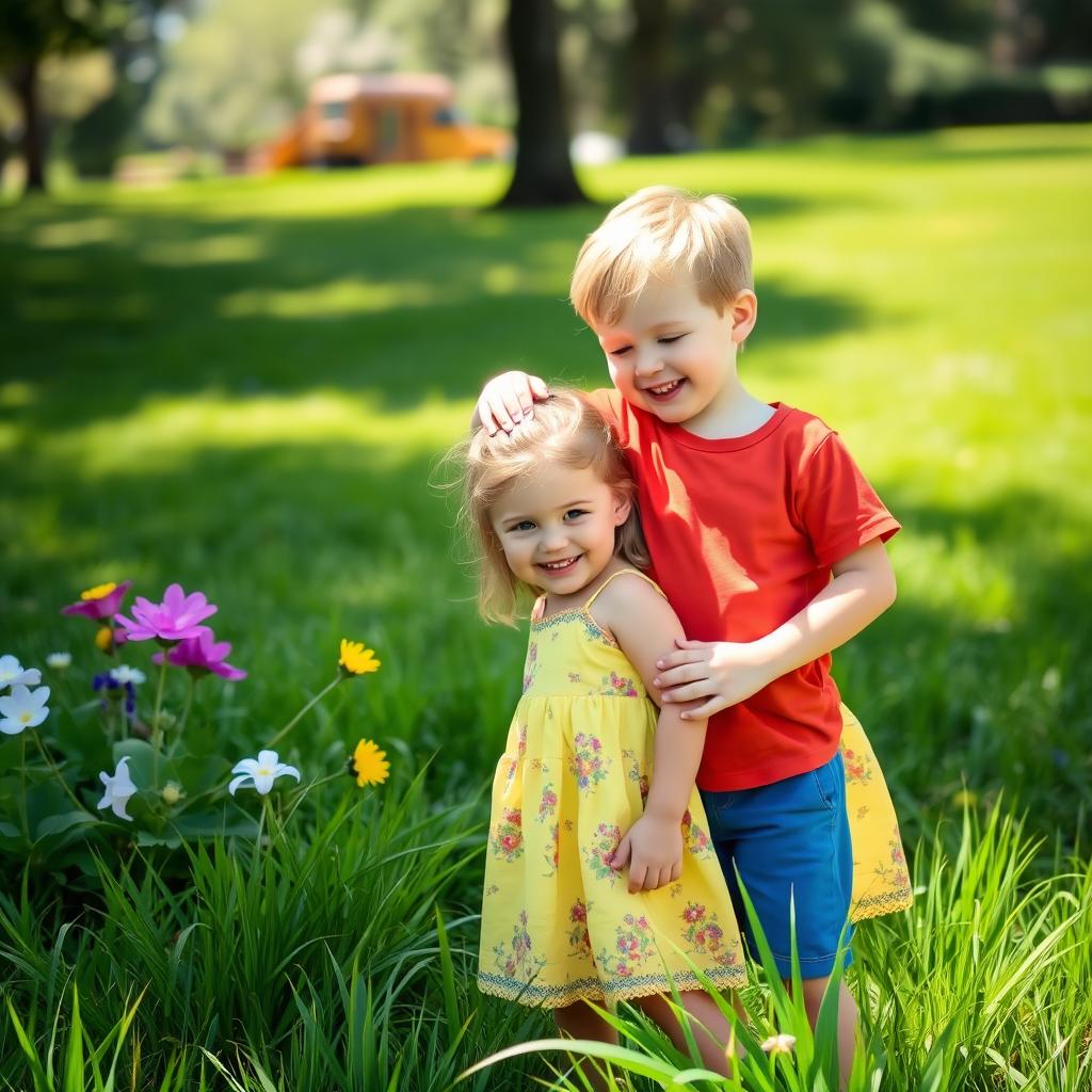 A playful scene in a sunny park, featuring a young boy gently patting a young girl on the head with a warm smile