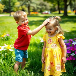 A playful scene in a sunny park, featuring a young boy gently patting a young girl on the head with a warm smile