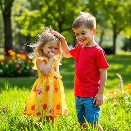 A playful scene in a sunny park, featuring a young boy gently patting a young girl on the head with a warm smile