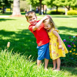 A playful scene in a sunny park, featuring a young boy gently patting a young girl on the head with a warm smile