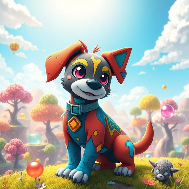 A colorful dog inspired by Digimon, featuring vibrant colors and patterns resembling various Digimon creatures