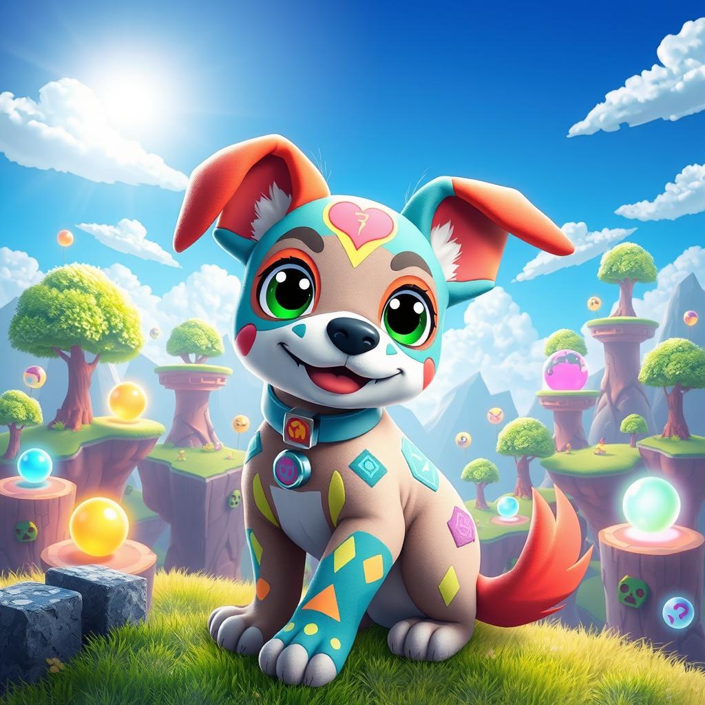 A colorful dog inspired by Digimon, featuring vibrant colors and patterns resembling various Digimon creatures