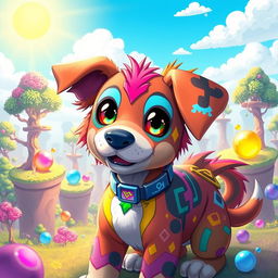 A colorful dog inspired by Digimon, featuring vibrant colors and patterns resembling various Digimon creatures