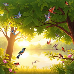 An animated scene depicting a serene birdwatching environment, featuring lush green trees, a tranquil lake reflecting the sunrise, and various colorful birds in flight or perched on branches