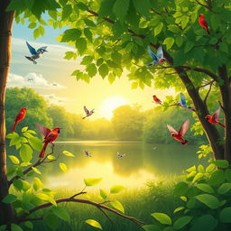 An animated scene depicting a serene birdwatching environment, featuring lush green trees, a tranquil lake reflecting the sunrise, and various colorful birds in flight or perched on branches