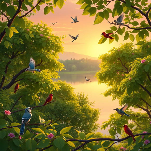 An animated scene depicting a serene birdwatching environment, featuring lush green trees, a tranquil lake reflecting the sunrise, and various colorful birds in flight or perched on branches