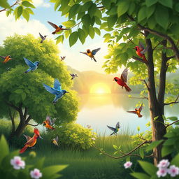 An animated scene depicting a serene birdwatching environment, featuring lush green trees, a tranquil lake reflecting the sunrise, and various colorful birds in flight or perched on branches