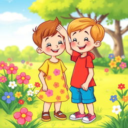 A colorful and cheerful cartoon scene featuring a little boy gently patting a little girl on her head