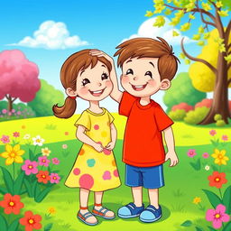 A colorful and cheerful cartoon scene featuring a little boy gently patting a little girl on her head