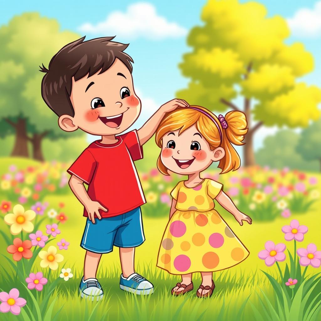A colorful and cheerful cartoon scene featuring a little boy gently patting a little girl on her head