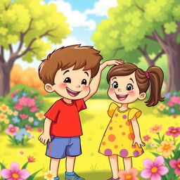 A colorful and cheerful cartoon scene featuring a little boy gently patting a little girl on her head